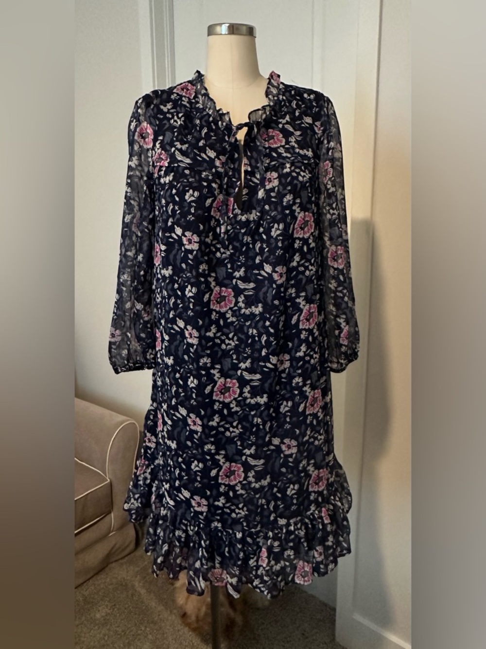 Vineyard Vines Navy Long-Sleeve Floral Ruffle Dress with Pink Accents